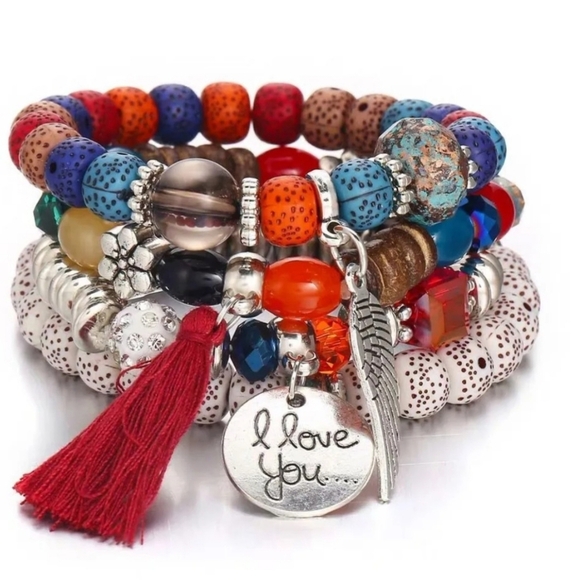 Fashion Jewelry Jewelry - Beaded Multi-layer Bracelet With Tassel & Charm 4 Bracelets Set